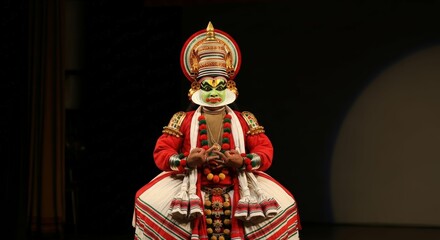 Ai generated image of a kathakali dancer in elaborate costume performs on a dark stage, his expression intense