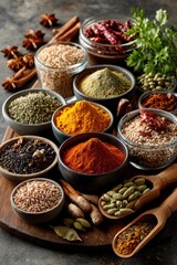Assorted spices and grains on a wooden board