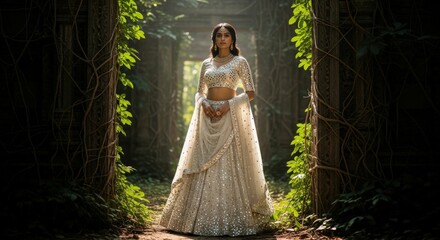 Ai generated image of a beautiful indian bride in a shimmering white saree stands gracefully in a sunlit garden