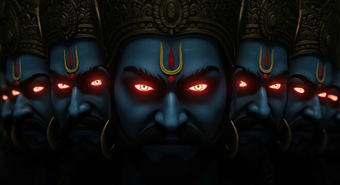 Ai generated image of a dramatic closeup of the tenheaded demon king ravana with glowing red eyes