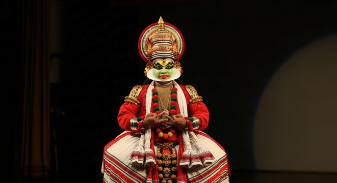 Ai generated image of a kathakali dancer in elaborate costume performs on a dark stage, his expression intense