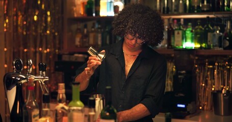 Barman, shaker and recipe for cocktail at pub with bottle service, skills and liquor for event. Person, bartender or waiter at club for mixing, alcohol or spirits for drinks, catering or job at night