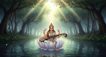 Ai generated image of goddess saraswati sits serenely on a lotus flower playing the veena in a tranquil forest