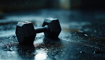 A dark, wet dumbbell on a metal surface, with water droplets and splashes