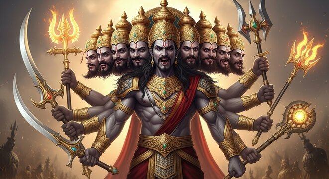 Ai generated image of a powerful ten headed demon king ravan with multiple weapons stands ready for battle