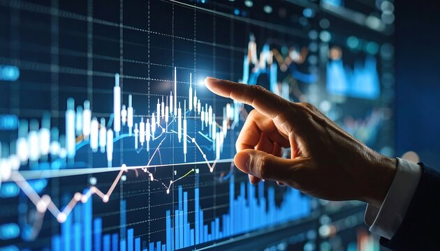 Hand pointing at financial data - Powered by Adobe