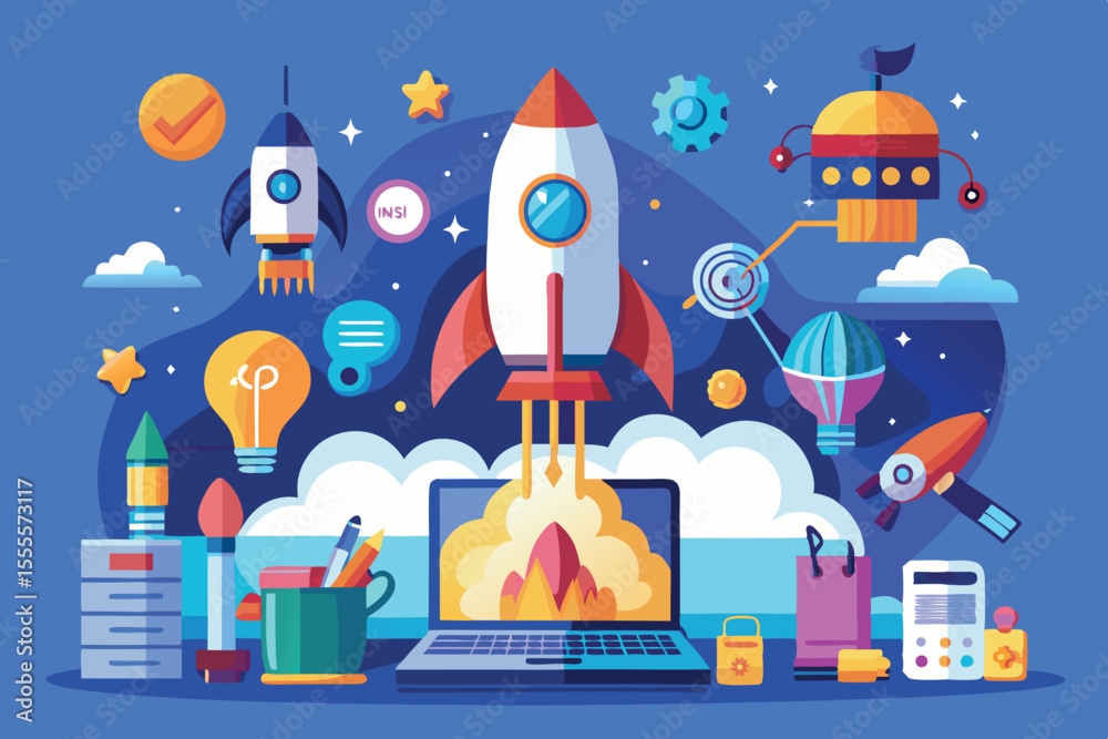 Fototapete creative digital illustration of a rocket launch from a laptop with colorful icons representing inno