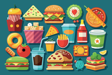 Colorful illustration of various fast food items and snacks arranged creatively on a vibrant background
