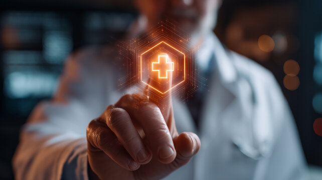 Doctor Engages Holographic Health Shield – Illuminated Cross Symbol Projects from Finger Tip to Illustrate Advanced Telehealth Security, Data Protection and Innovative Patient Safety Solutions
