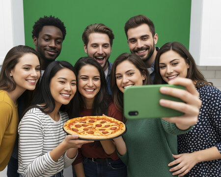 Friends Doing Selfie With Pizza In Green Screen Kitchen