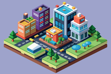 Colorful urban landscape with modern buildings, roads, and green spaces in a simplified architectural style