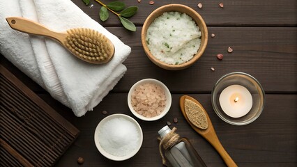 Spa essentials a wooden brush, towel, bowls of bath salts, and a candle on a dark wooden background