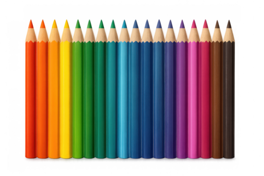 Multicolored pencils lined up precisely, creating vibrant rainbow gradient, standing against transparent background for graphic design