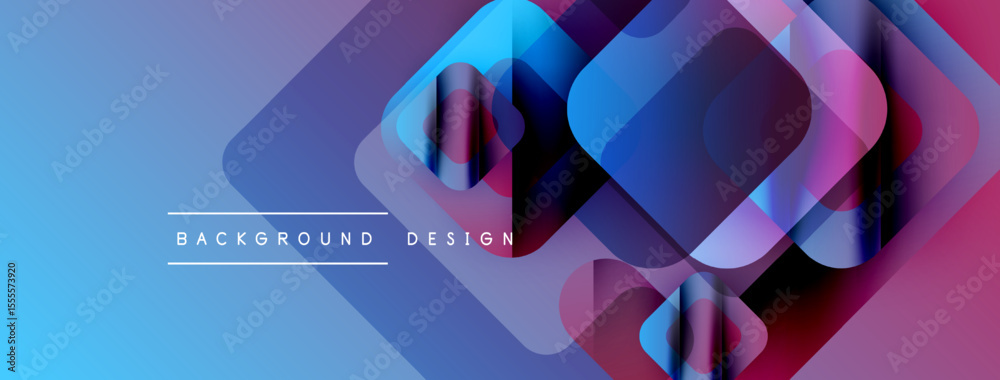 Poster abstract geometric shapes overlap, creating vibrant blue, purple gradients. modern design elements s