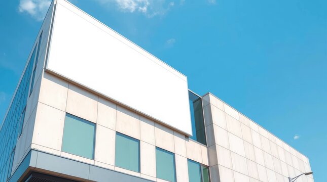 A modern building with a large blank billboard under a clear blue sky