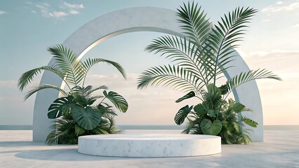 Fototapeta premium Minimalist Tropical Beach Scene 3D Render of Abstract Arch and Palm Plants