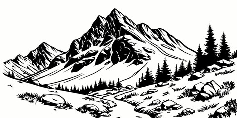 Mountain silhouettes overlook. Vector rocky hills terrain vector, mountains silhouette set isolated on white background for landscape design