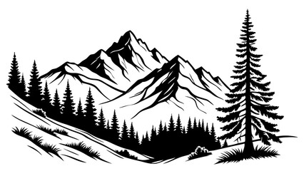 Mountain silhouettes overlook. Vector rocky hills terrain vector, mountains silhouette set isolated on white background for landscape design