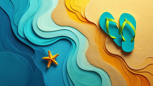 Stylized beach scene with turquoise waves sand starfish and flip flops - Powered by Adobe