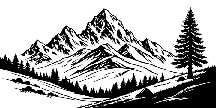 Mountain silhouettes overlook. Vector rocky hills terrain vector, mountains silhouette set isolated on white background for landscape design