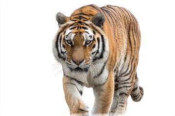 Fototapeta premium Front view of a tiger Walking on white