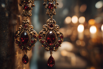 Intricate antique earrings with dangling rubies