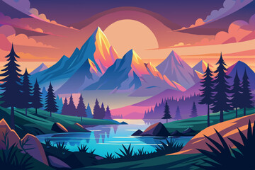 Colorful sunset over mountains and tranquil lake in a serene landscape with pine trees