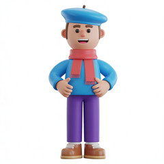 A cheerful 3D render of a cartoon Frenchman wearing a blue beret, red scarf, blue sweater, purple pants, and brown shoes, standing with hands on his hips and smiling warmly. 
