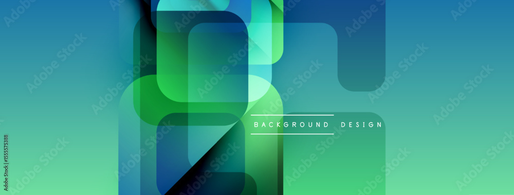 Poster Abstract geometric shapes overlap, creating vibrant gradient background. Blue, green hues dominate composition. Modern design element.