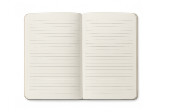 Blank lined notebook spread open, revealing clean white pages waiting for inspiration, creativity, or personal musings