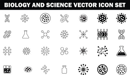  Bacteria, Virus, DNA, Molecule, Cells, Neurons, Blood Cells, Stem Cells, Chromosomes, Leukocyte, Erythrocyte, Thrombocyte, Medical, Laboratory Biology and Science vector illustration icon set