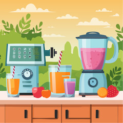 Stylized smoothie bar with fresh fruits, blender, and glasses, vibrant colors and organic shapes