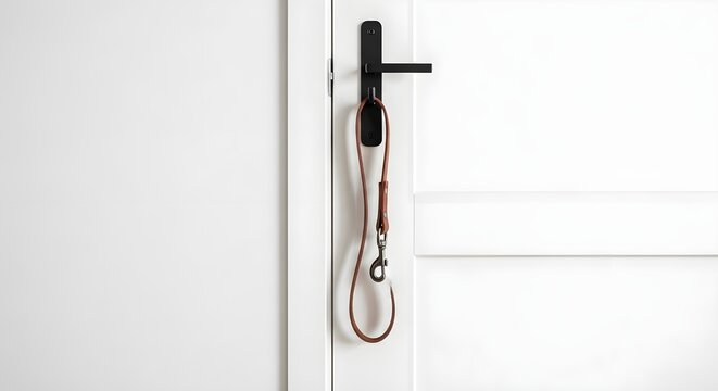 Dog Leash Hanging on Modern White Door with Black Hardware