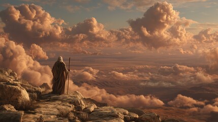 Photorealistic depiction of Moses on Mount Nebo, reflecting on his journey. The scene evokes a sense of peace and solemnity, capturing the moment of his passing as described in Deuteronomy 34.