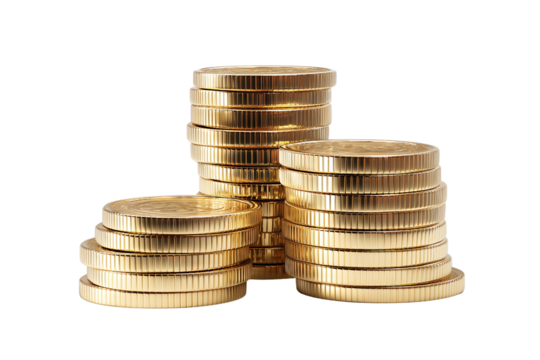 Realistic pile of golden coins isolated on transparent background.