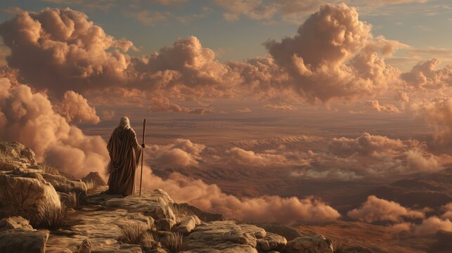 Photorealistic depiction of Moses on Mount Nebo, reflecting on his journey. The scene evokes a sense of peace and solemnity, capturing the moment of his passing as described in Deuteronomy 34.