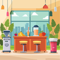 Obraz premium Stylized smoothie bar with fresh fruits, blender, and glasses, vibrant colors and organic shapes