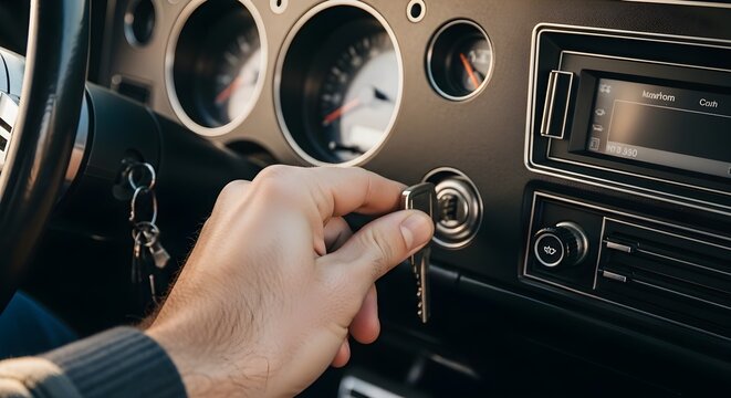 Starting the Engine: Hand Inserting Key into Car Ignition - Powered by Adobe