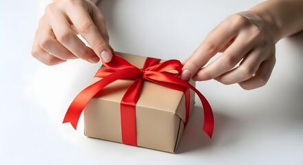 Hands adjusting a red ribbon on a wrapped gift box.