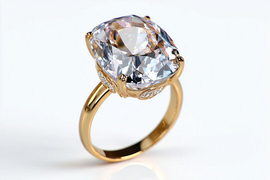 luxury gold ring with large brilliant cut gemstone, on white background