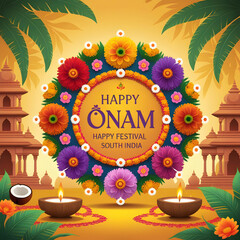 Festive Happy Onam greeting design with traditional floral rangoli (Pookalam), vibrant marigold flowers,