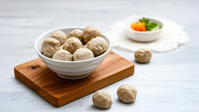 Plump and savory bakso meatballs, a popular staple, displayed with fresh chopped vegetables in the background.