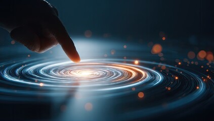 A hand touches a swirling, glowing, digital interface