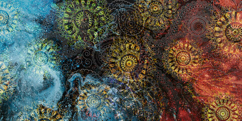 Mystical Mandala Background – Intricate Bohemian Art for Meditation, Tattoo, and Decor, colorful vintage art, ancient Indian vedic background design, old painting texture with  mathematical shapes