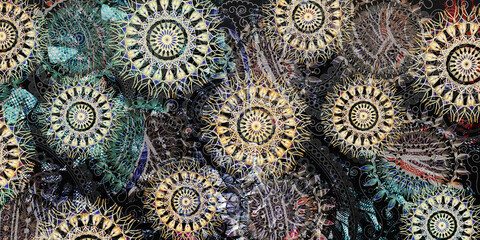 Mystical Mandala Background – Intricate Bohemian Art for Meditation, Tattoo, and Decor, colorful vintage art, ancient Indian vedic background design, old painting texture with  mathematical shapes