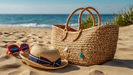 Rattan Beach Bag with Sunglasses, Flip-Flops, and Towel – Flat Lay of Stylish Summer Essentials for Travel, Tropical Getaways, and Coastal Lifestyle Inspiration