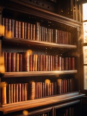 Obraz premium Library with Antique Books Beautiful Wooden Shelves and Golden Light