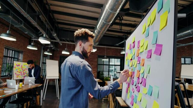 Side angle video of a focused man writing on a colorful sticky note board in a modern office, with colleagues working in the background.