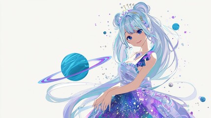 A celestial anime character in a starlight dress with space elements, smiling at the viewer