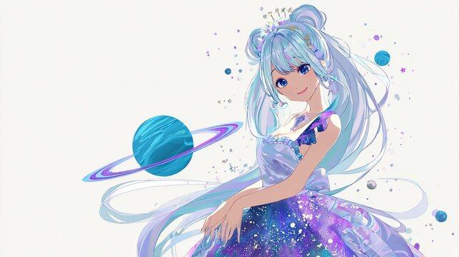 A celestial anime character in a starlight dress with space elements, smiling at the viewer